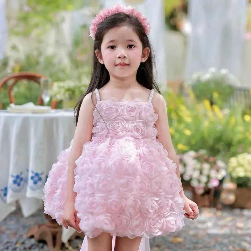 Flower Girls Dress Spaghetti Straps Fluffy Tutu Princess Dress Kids Birthday Party Wedding Photography Costume Flower Headband