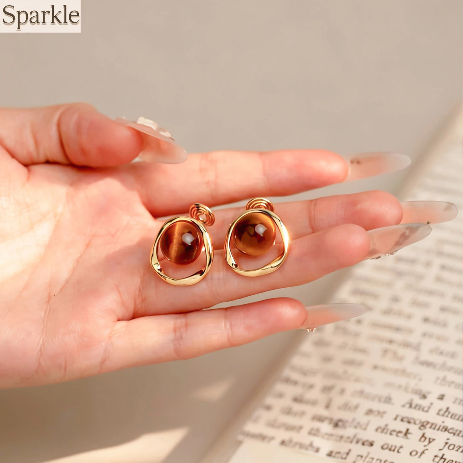 Mirad Tiger Eye Stone Geometric Hollow Metal Gold Color Stud Earrings for Women And Girls Versatile Fashion Jewelry Accessory