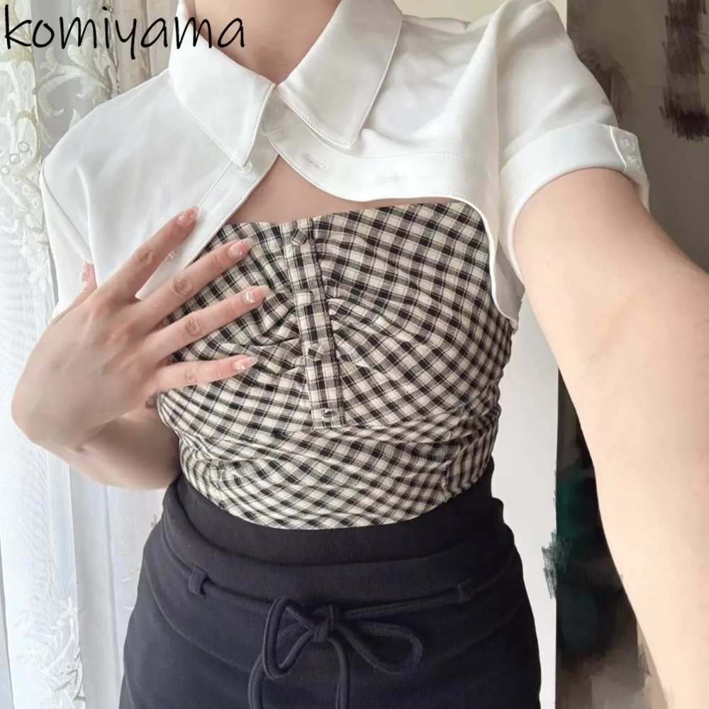 

Turn Down Collar Short Sleeve Blusas Mujer Plaid Woman 2025 Shirts Blouses Summer Camisas Japan Style Ropa Popular Clothing