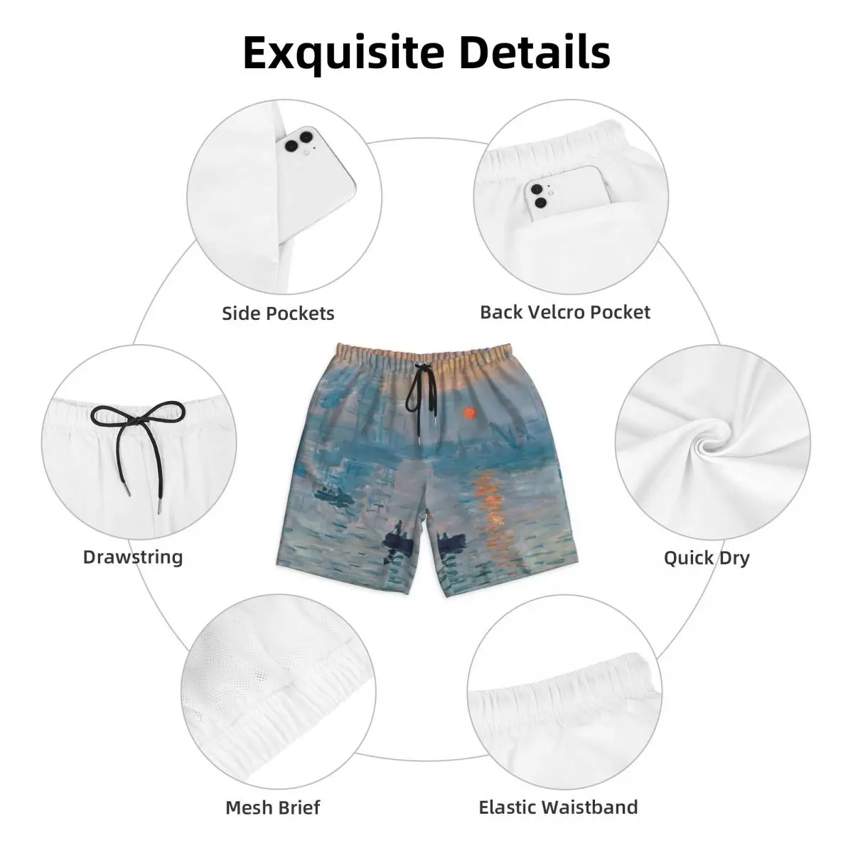 Impressie Sunrise Print Heren Zwembroek Snel Droog Badkleding Strandboard Shorts Claude Monet Painting Art Boardshort