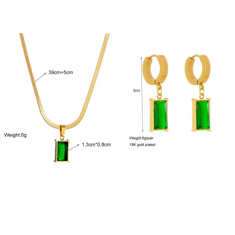 Stainless Steel Geometric Pendant Green Zircon Stone Necklaces Earrings For Women Vintage Wedding Choker Jewelry Set Gift
