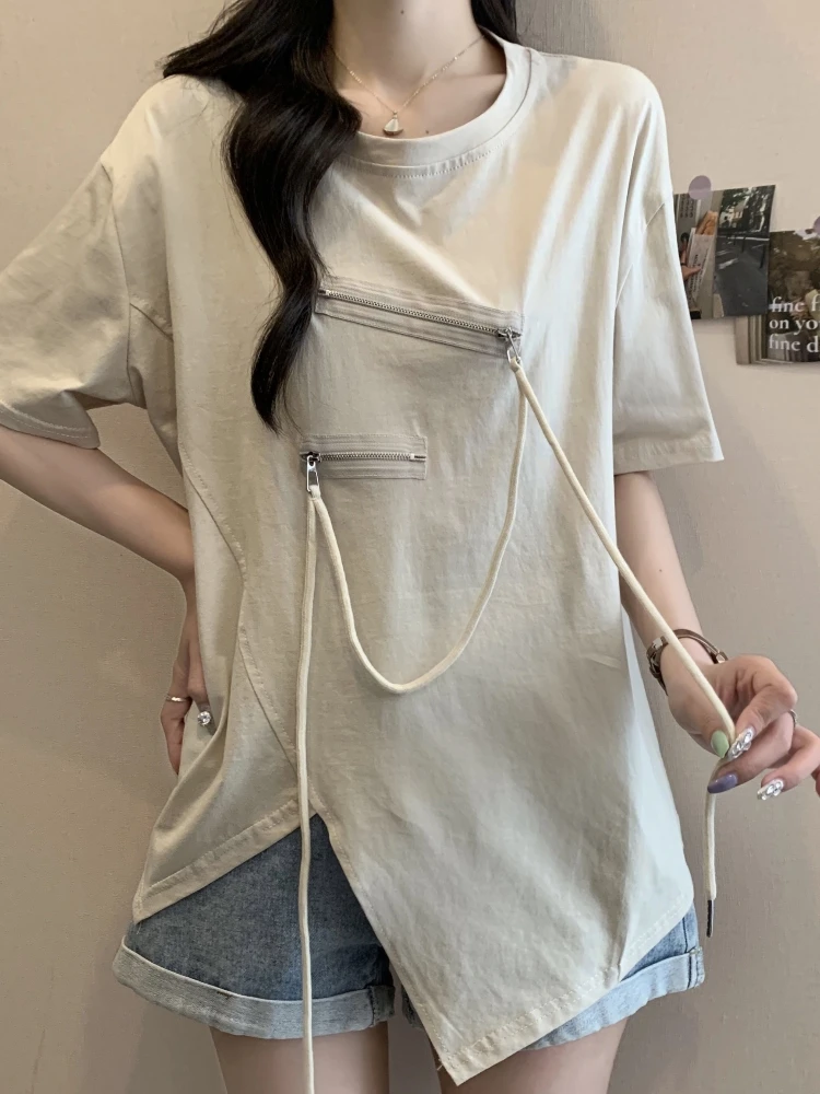 

Irregular Zipper Short Sleeve T-Shirt Women's Summer plus Size Base Shirt Slimming Design Korean Style Commute Fashion