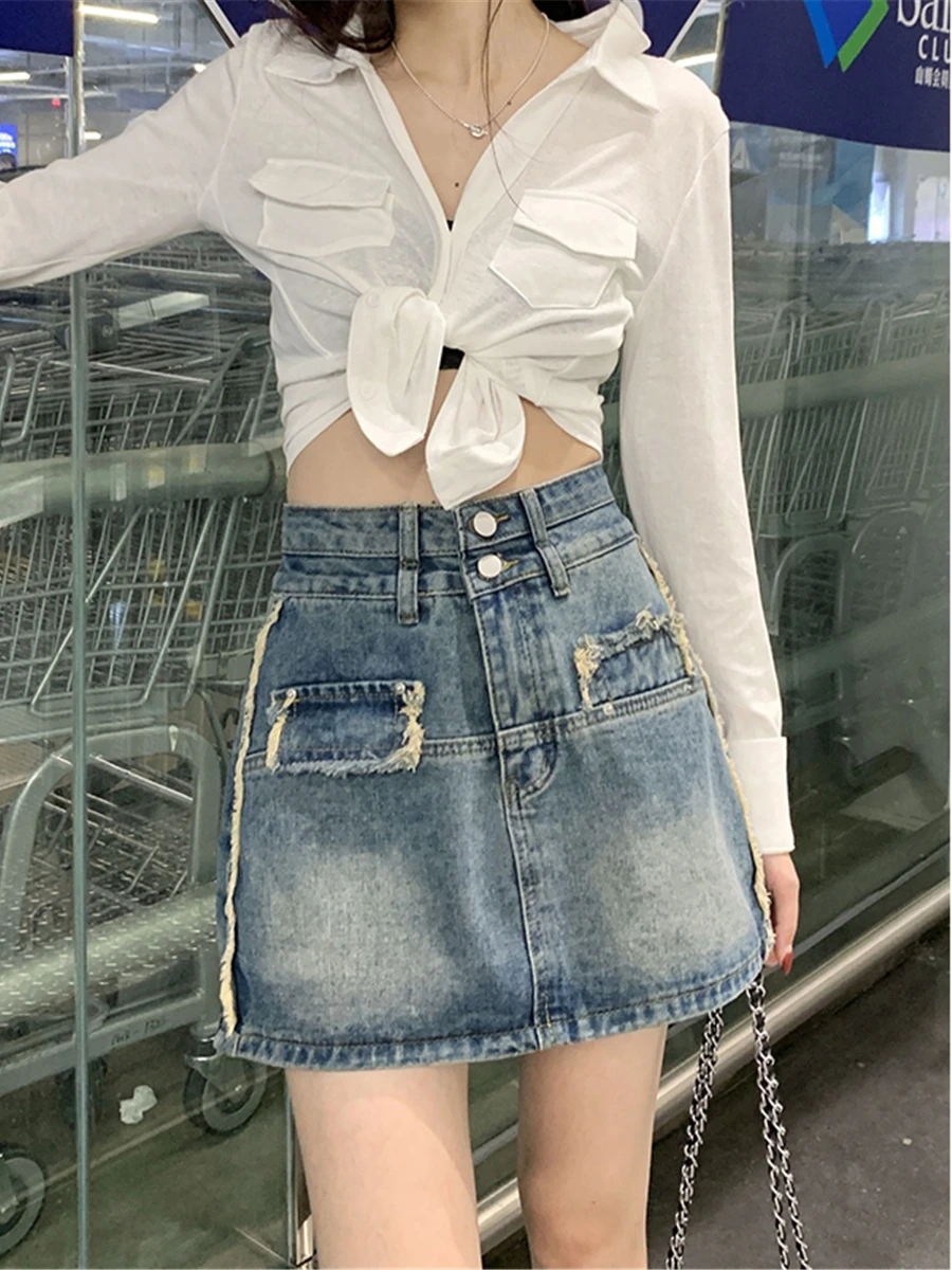 

Джинсовая юбка с высокой талией для женщин, летняя новинка, большие размеры, расклешенный подол, А-силуэт, короткая юбка-шорты, моделирующий фигуру дизайн, эффектный стиль