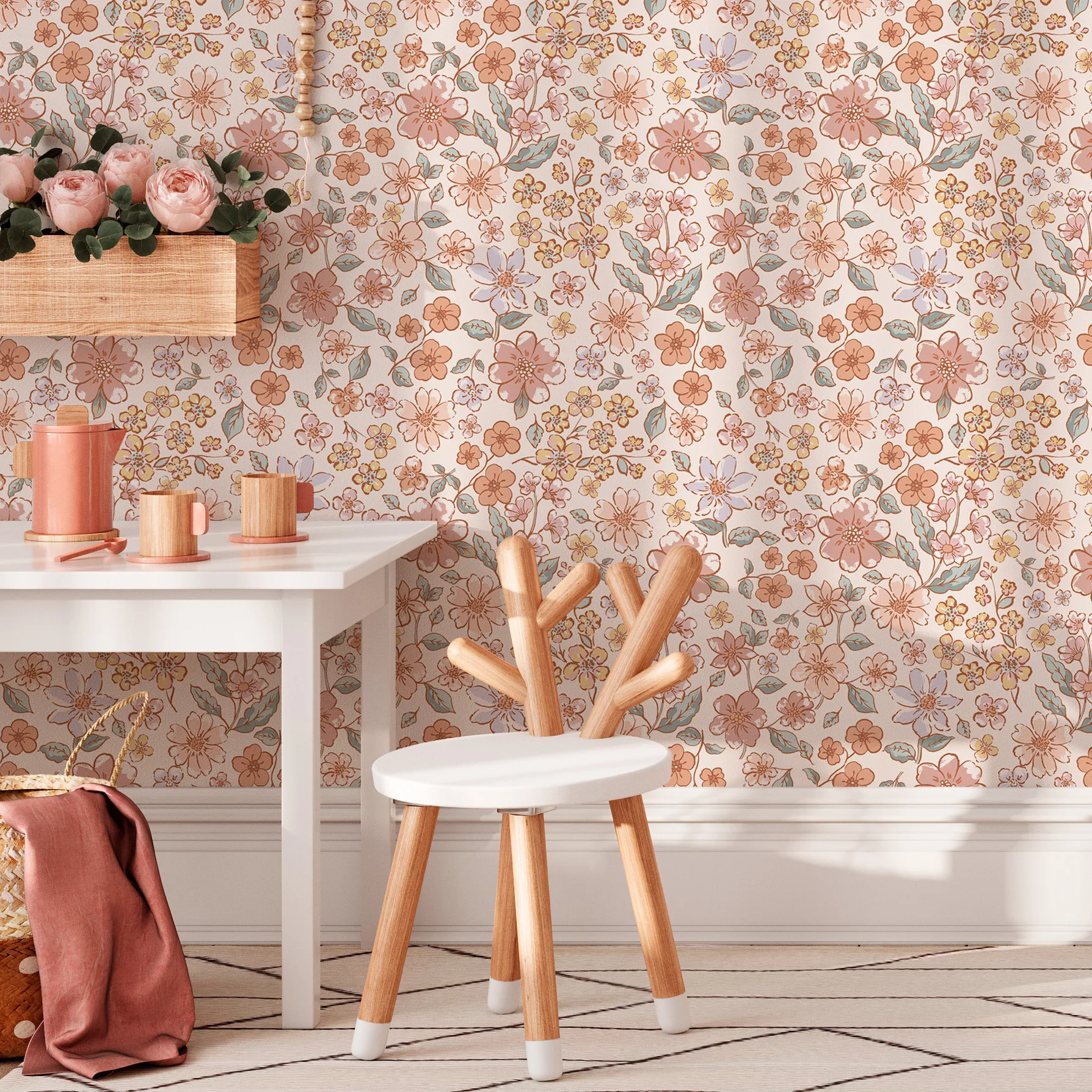 Pink Floral Nursery Wallpaper Spring Flowers Peel and Stick Wall Mural PVC Moistureproof Wall Sticker for Kids Girls Room