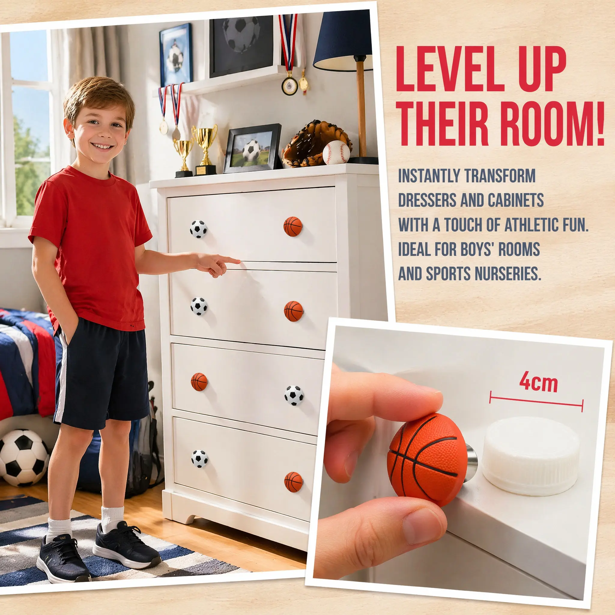 8Pcs Dresser Knobs Sports Ball Design Football Basketball Soccer Drawer Pulls for 's Wardrobe Door Handle