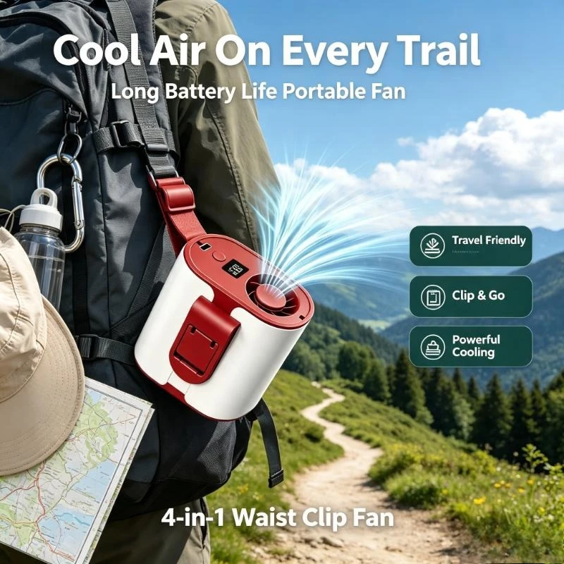 4-in-1 Waist Clip Fan Portable Outdoor USB Rechargeable Multifunctional Cool Fan with Long Battery Life Strong Airflow