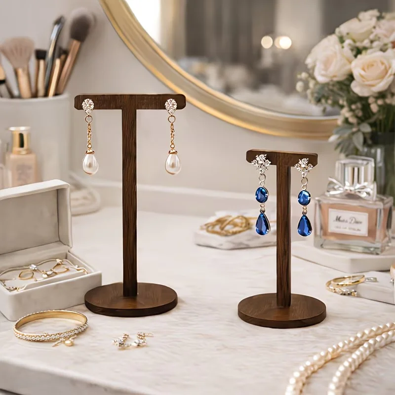 3pcs Vintage Wooden T-Shaped Earring Display Stand, Jewelry Showcase Rack, Stud Earring Storage and Display Prop, Jewelry Towers
