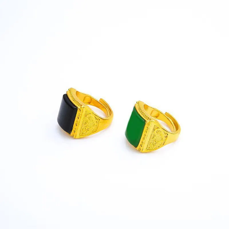 

Men's 24K Gold AU999 Bold Green Ring with Adjustable Band | Ancient-chiseled dragon head with turquoise, edgy for leather style