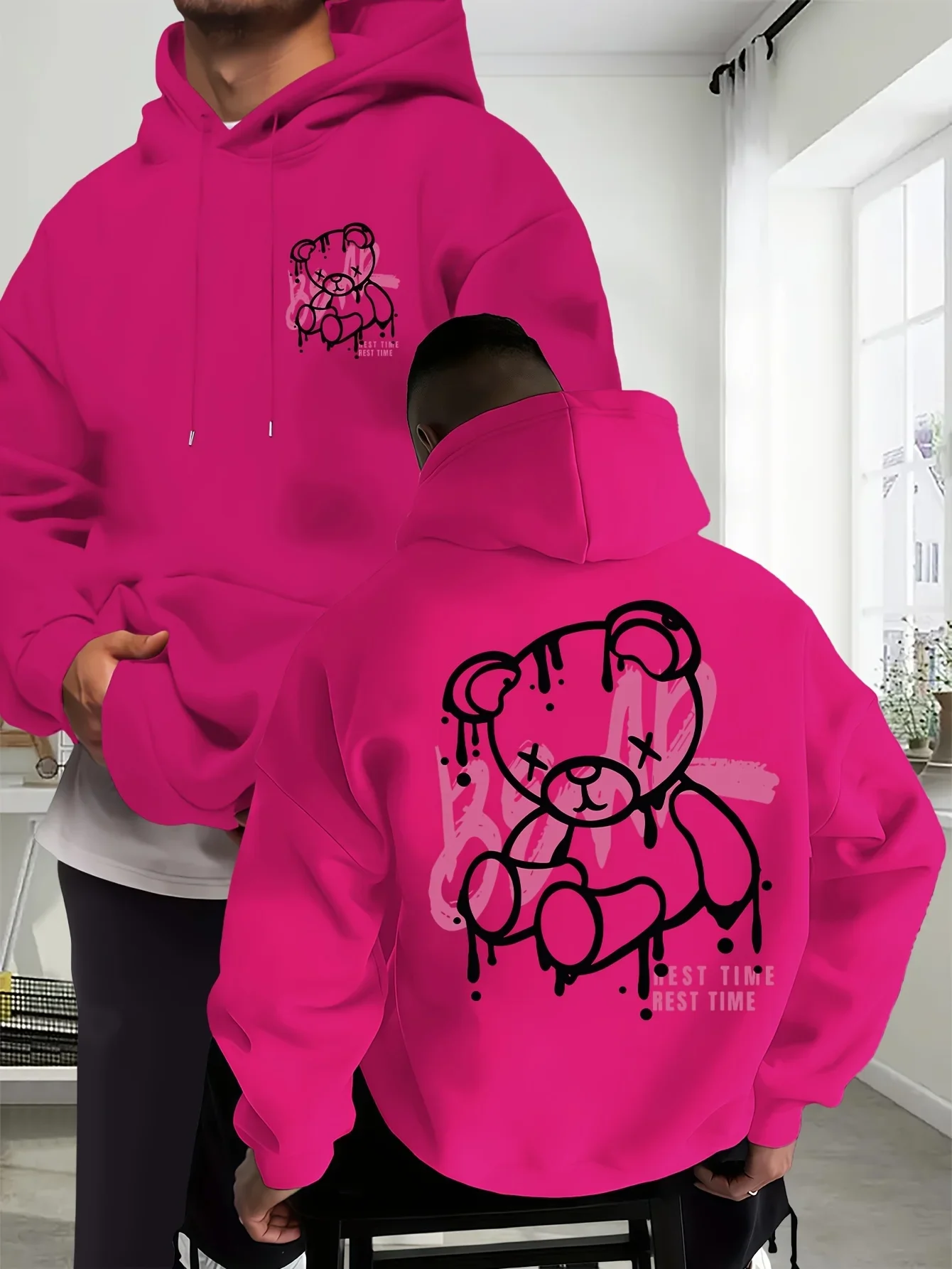 Streetwear Broken Bear Graffiti Letter Graphic Hoodie Pullover Unisex Loose Fleece Lined Autumn Winter