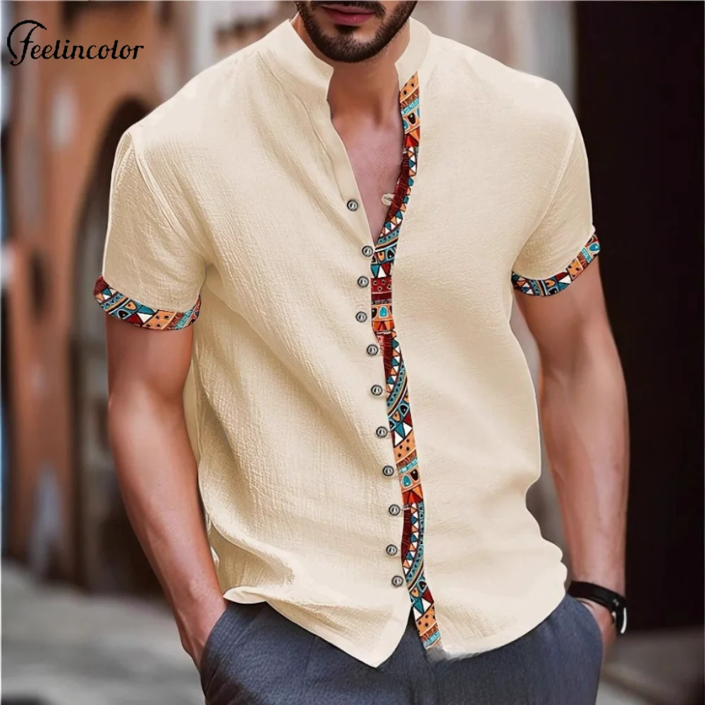 

Casual Cotton Short Sleeve Shirts for Men Apricot White Splicing Tops Summer Holiday Tropical Beach Clothing Daily Streetwear