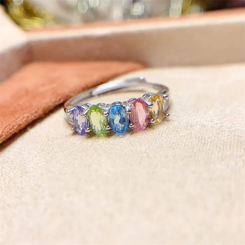 

Natural Rainbow Colorful Ring S925 Sterling Silver Wedding Ring for Women Jewelry Gift with Certificate Citrine Peridot Topaz
