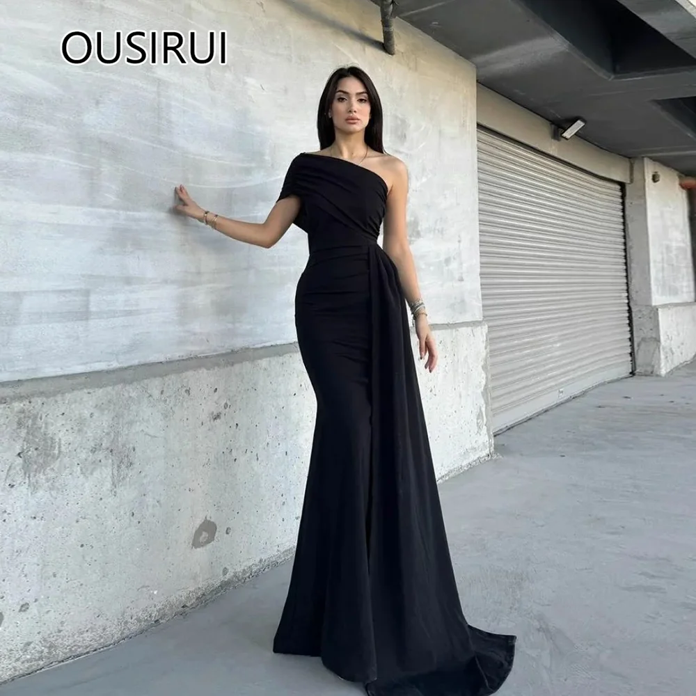 

OUSIRUI Modest One Shoulder Satin Pleated Prom Dress Sexy Mermaid Court Long Prom Gown with Sweep Court vestidos de festa
