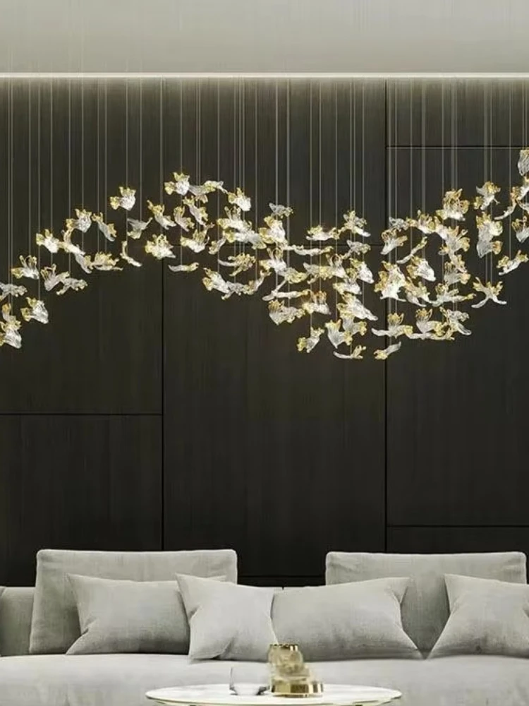 Customized large villa crystal chandelier creative gold leaf glass chandelier duplex building sky chandelier