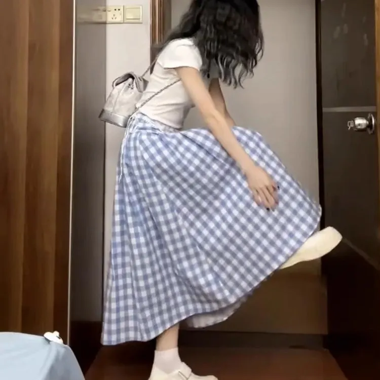 

Blue And White Plaid A-Line Midi Skirt High Waist Korean Sle Commute Folded High Waist Summer New College Sle Women's Skirt