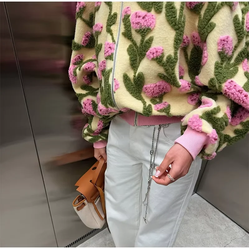 Designer 3D-Blumen-Fleece-Bomberjacke für Damen, Modische Oversize-Jacke mit Reißverschluss, Luxuriöse Plüsch-Oberbekleidung, Herbst-Winter-Streetwear 2026 – Detail 22