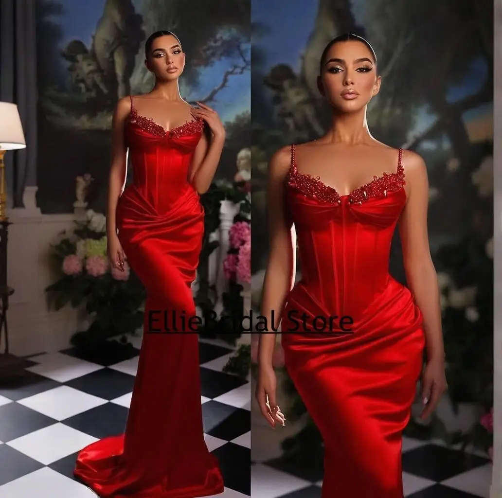 Elegant Red Evening Dresses For Women 2025 Beading Satin Wedding Party Dress Dubai Special Occasions Prom Gowns Customized