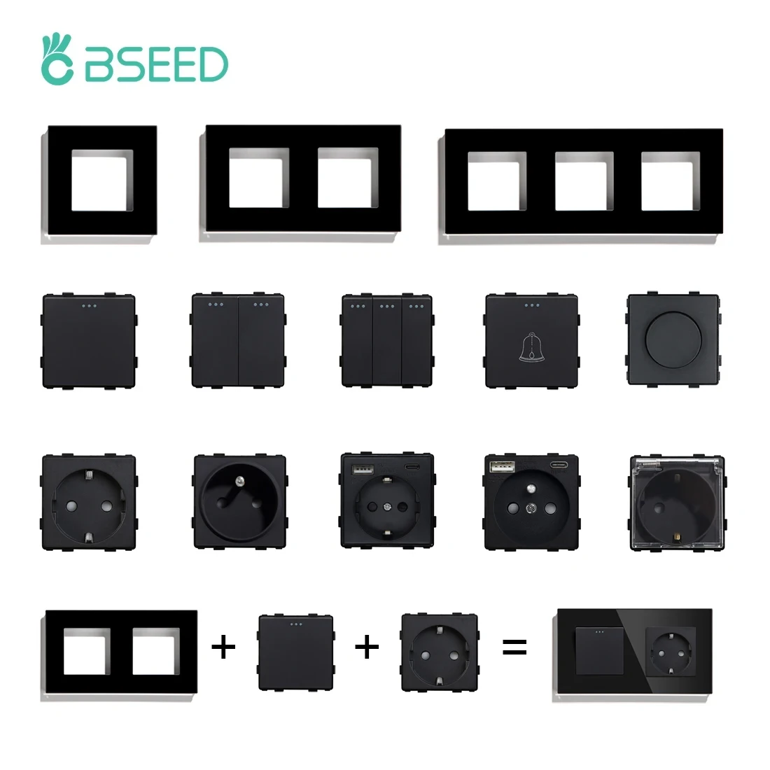 BSEED Wall Light Switch Panel 1/2/3Gang 1/2Way Mechanical Button Switch Part Power Socket Dimmer Switch DIY Function Part Black