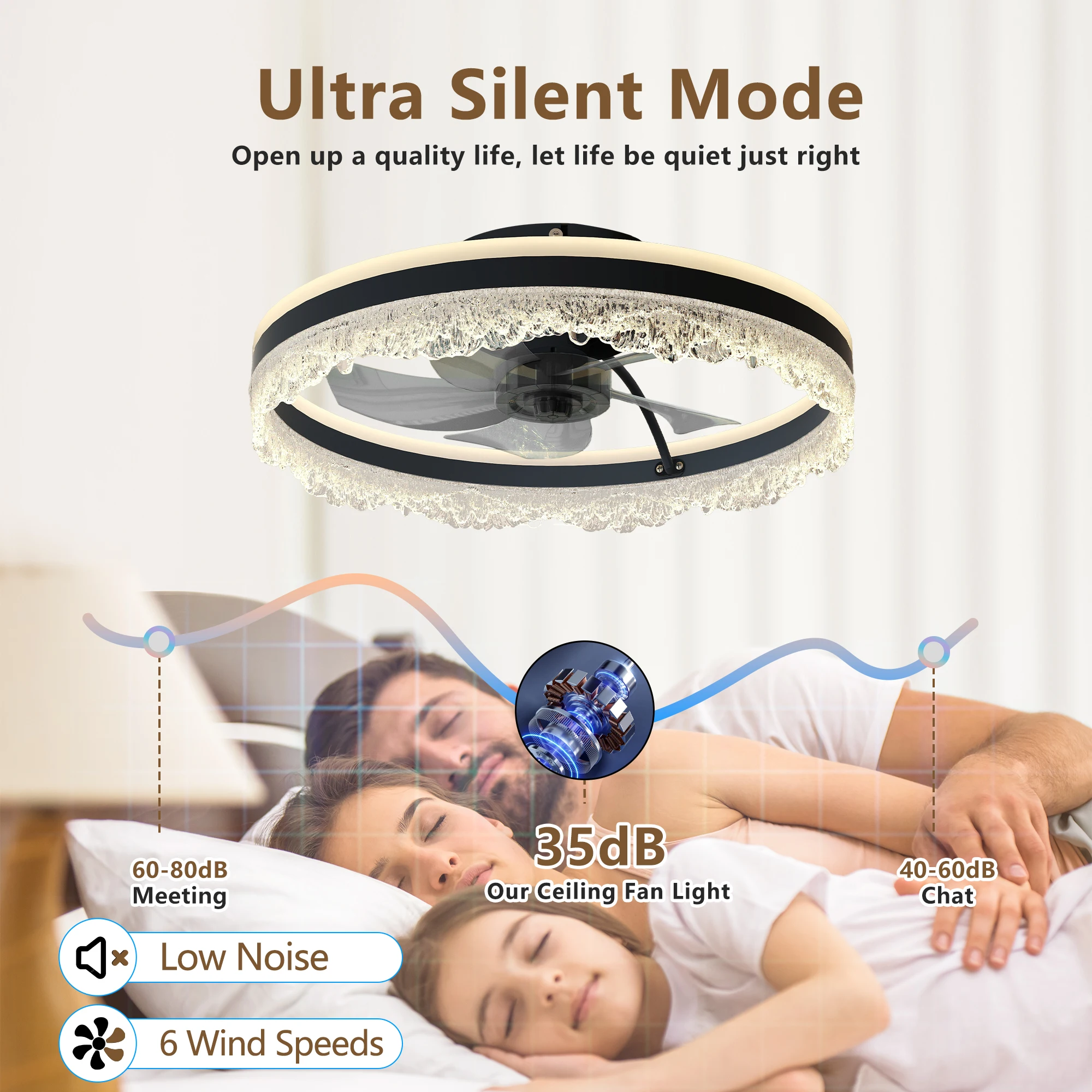 Modern LED Ceiling Fan Light with Crystal Ring, Remote and APP Control, Dimmable Silent Fan Lamp for Bedroom Living Room