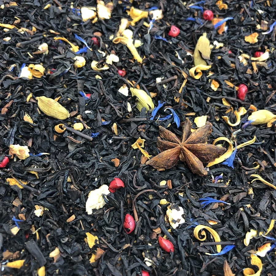 Té Negro Chai Mandala Con Naranja, Azahar, Pimienta Rosa, Jengibre, Canela, Anís Estrellado, Cardamomo y Aciano Azul Té negro    Té