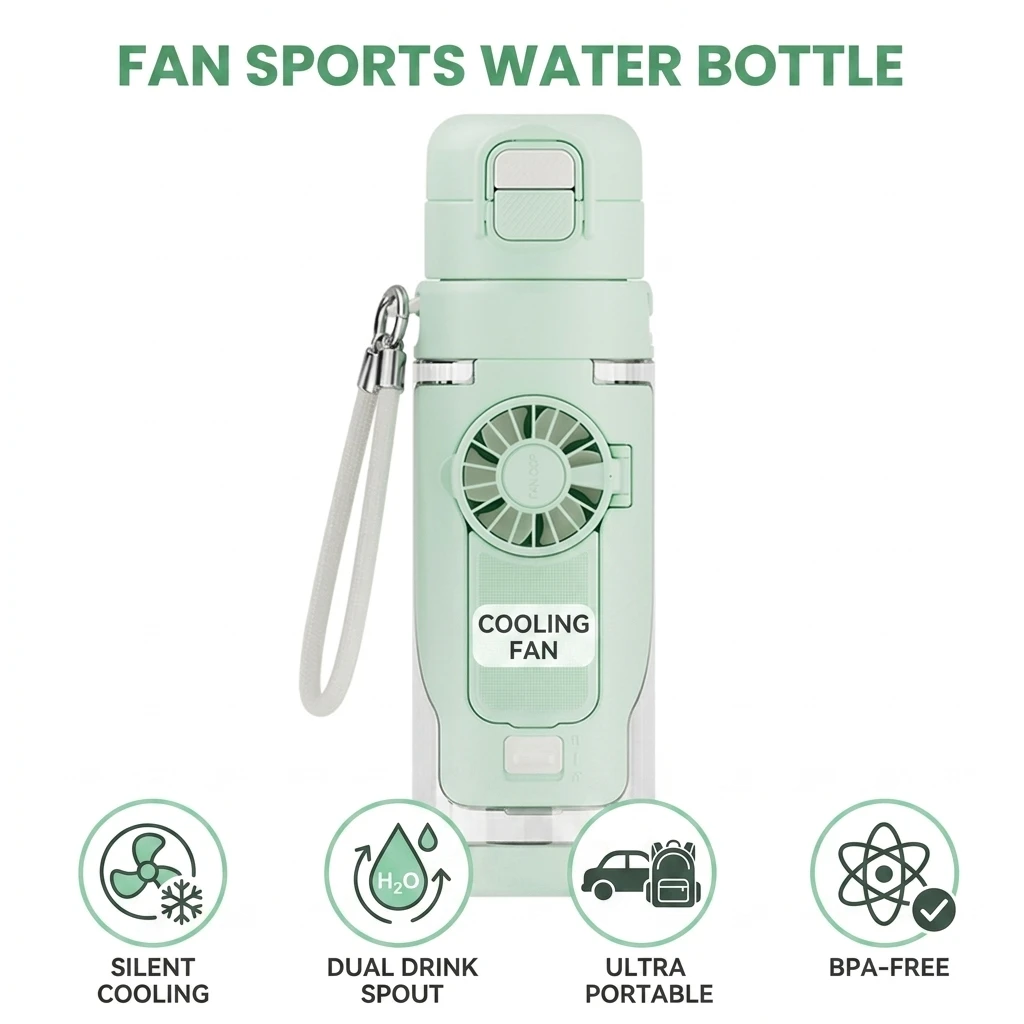 Summer Outdoor Water Bottle Cooling Fan 690ml Dual Spout Sports Canteen for Hiking Travel Gym Fitness BPA-Free Plastic Cup