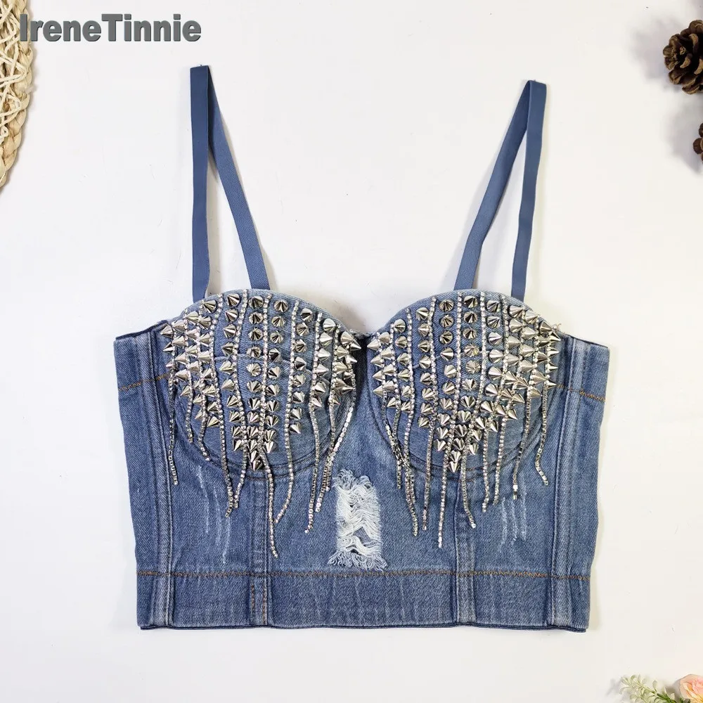 IRENE TINNIE 2024 New Fashion Girls Bustier Rivet Blue Denim Tassel Tops Women Sexy Corset Night Club Party Cropped Top Camisole