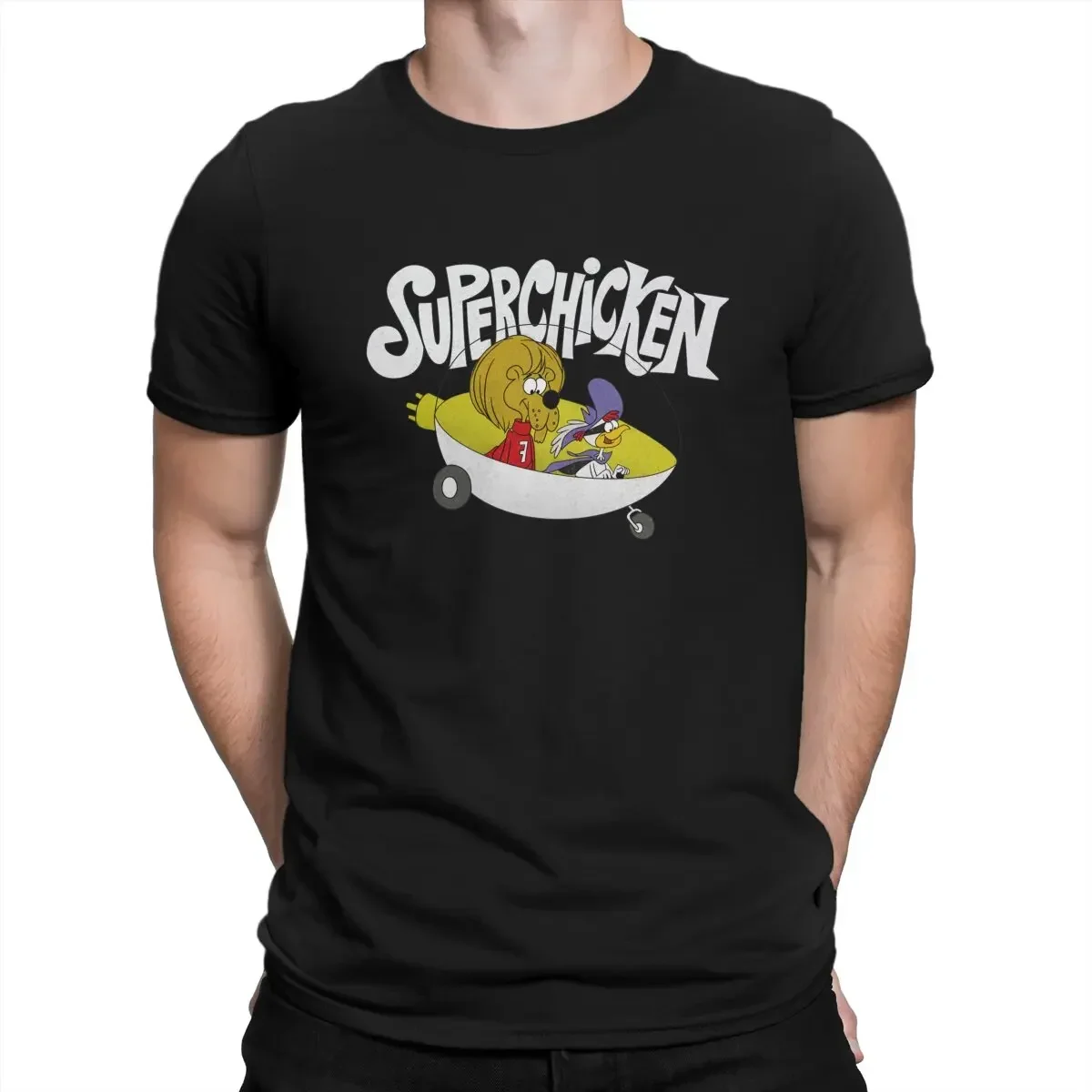 Short Sleeve Tees Humor Jay Ward Superchicken and Fred in the Super Coop T-Shirts for Men Round Collar Pure Cotton T Shirt