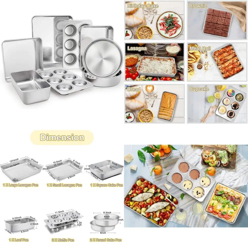 

stainless steel bakeware set of 8, baking roasting toaster oven pans, lasagna/square/round cake pan, loaf pan & muffin pan, non