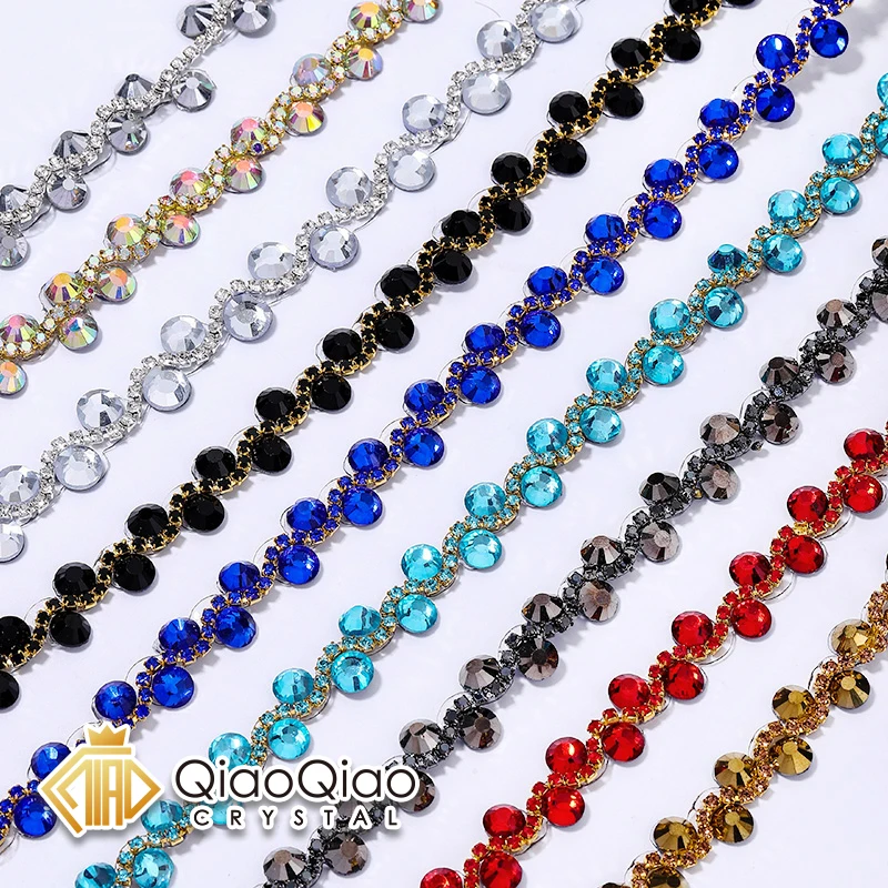 

QIAO 10mm 1Yard Glitter Clear Crystal Rhinestone Cup Chain Iron On Rhinestone Trim for DIY Clothing Craft Cup Chain Ribbon
