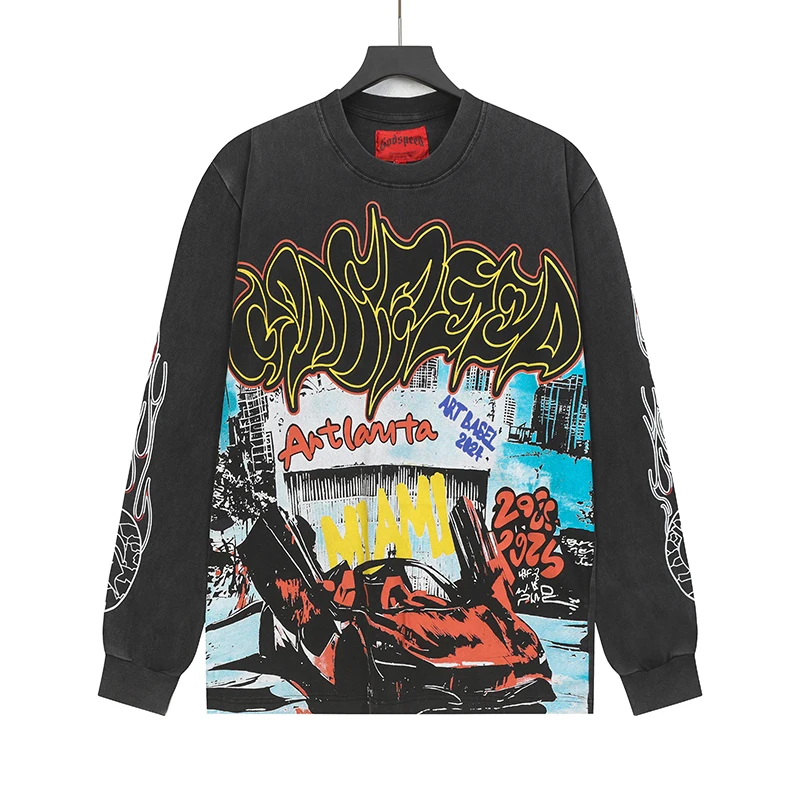 

Футболки GODSPEED с длинными рукавами, американская уличная рок-винтажная футболка с принтом черепа, стираная футболка для мужчин и женщин, осенняя новая одежда