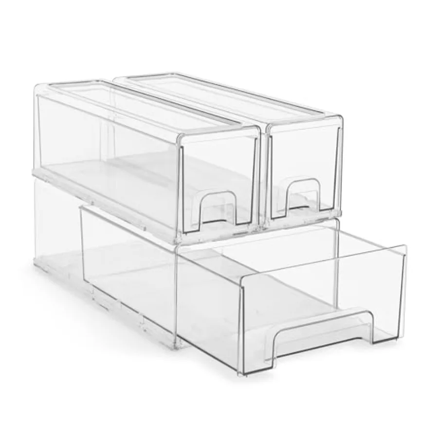 

1 Medium and 2 Small Clear Plastic Organizer Bins with Handles Stackable Pull-Out Storage Drawers for Closet, Pantry, Office, B