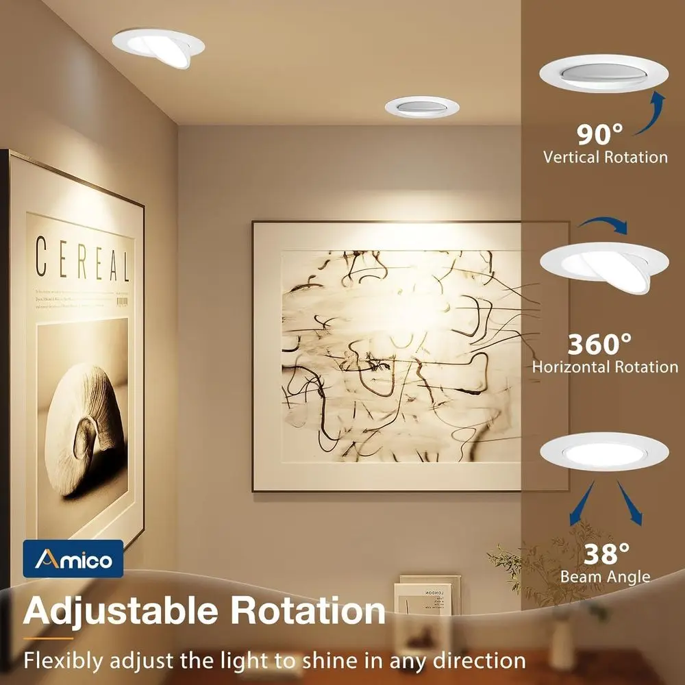 Pacote com 6 Luminárias LED Embutidas de 6 Polegadas 5CCT, 360 ° &90 °   Luminária Direcional Ajustável, Regulável, 2700K/3000K/3500K