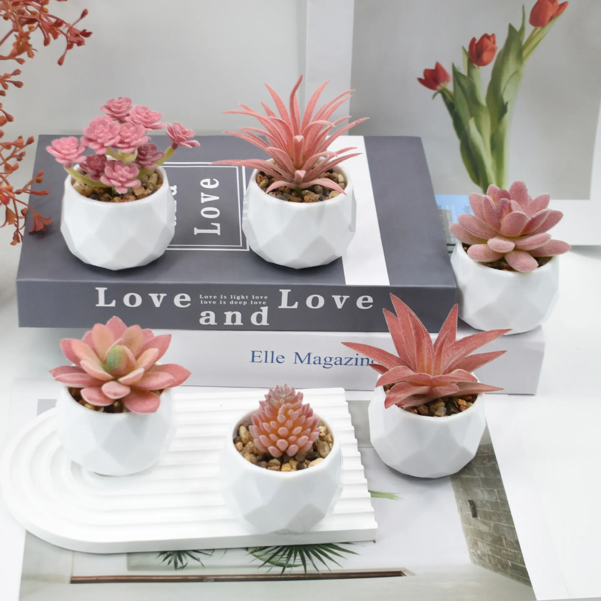 Artificial Succulent Plant Pink Miniature Potted Decorative Office Home Ornaments Plastic Shaped Artificial Greenery