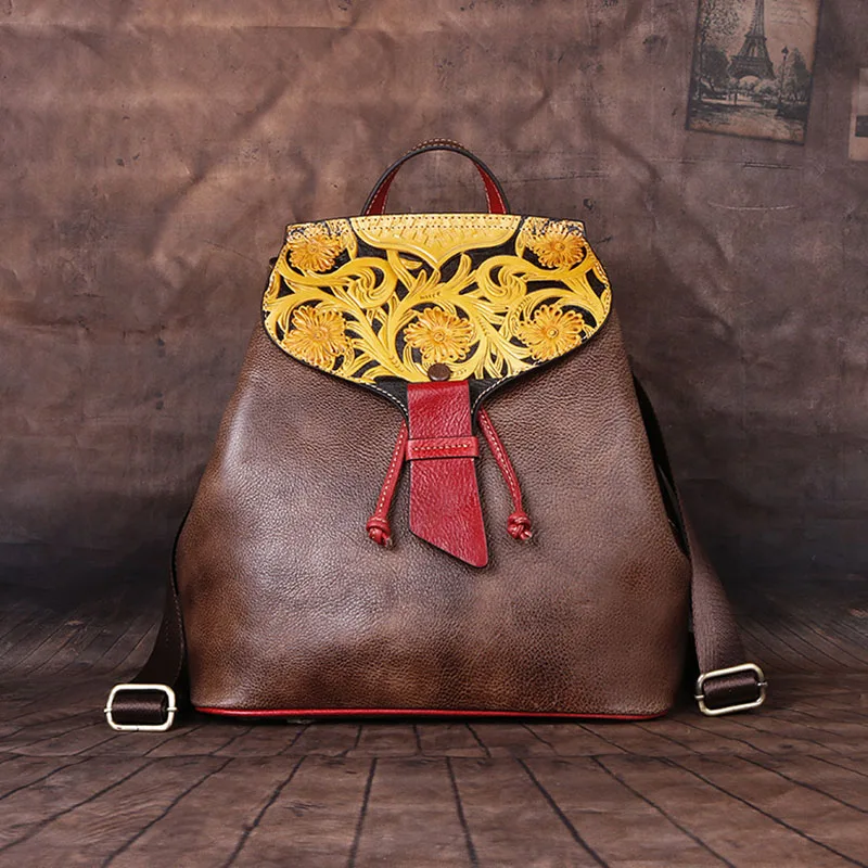 Vintage Genuine Leather Backpack Woman 3D Floral Real Cow Leather Tote Bags For Ladies Fashion Cowhide Shoulder Bag