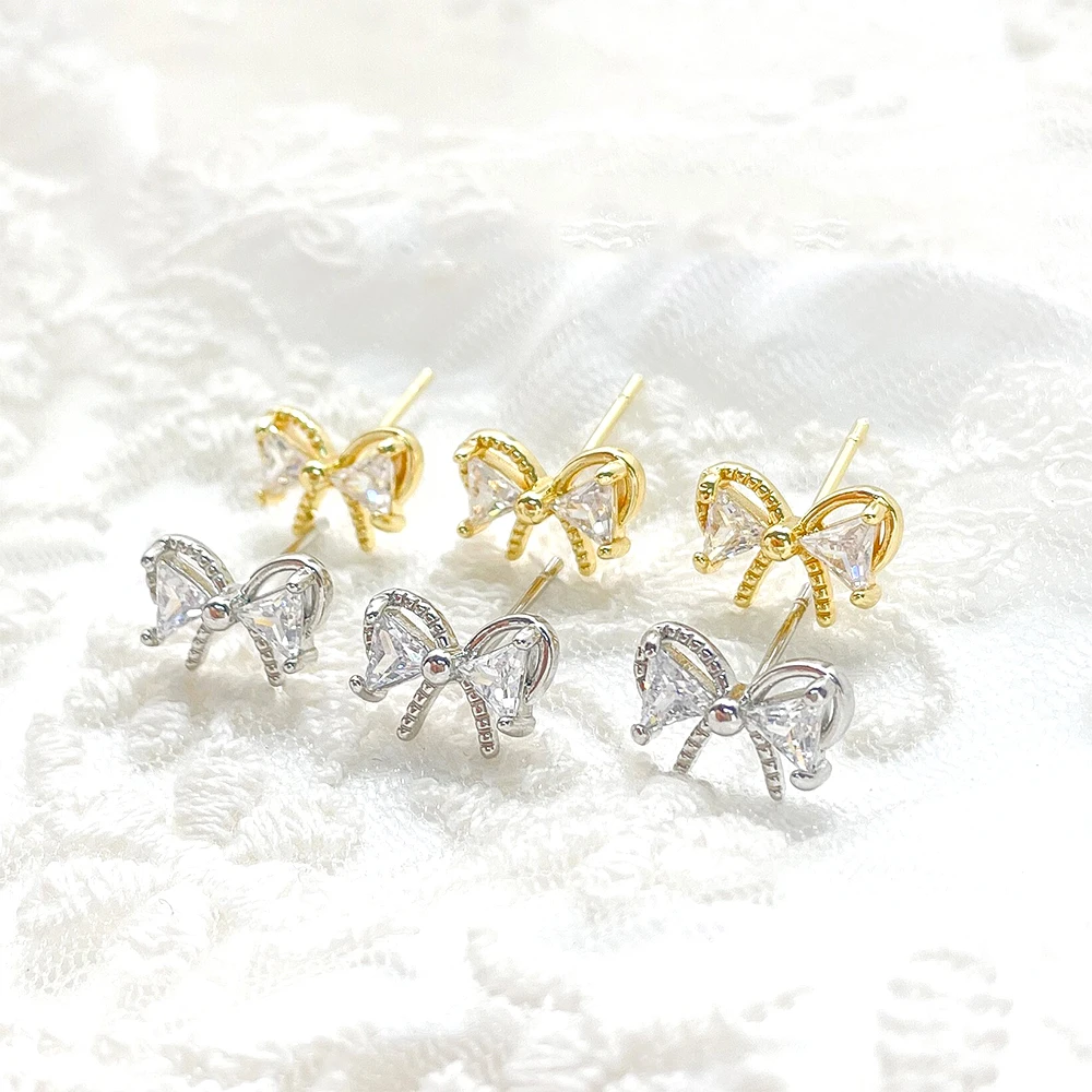 2 Pairs Brass Plated with Genuine Gold Zircon Inlaid Bow Earrings DIY Jewelry Making Semi-finished Product Accessory Materials