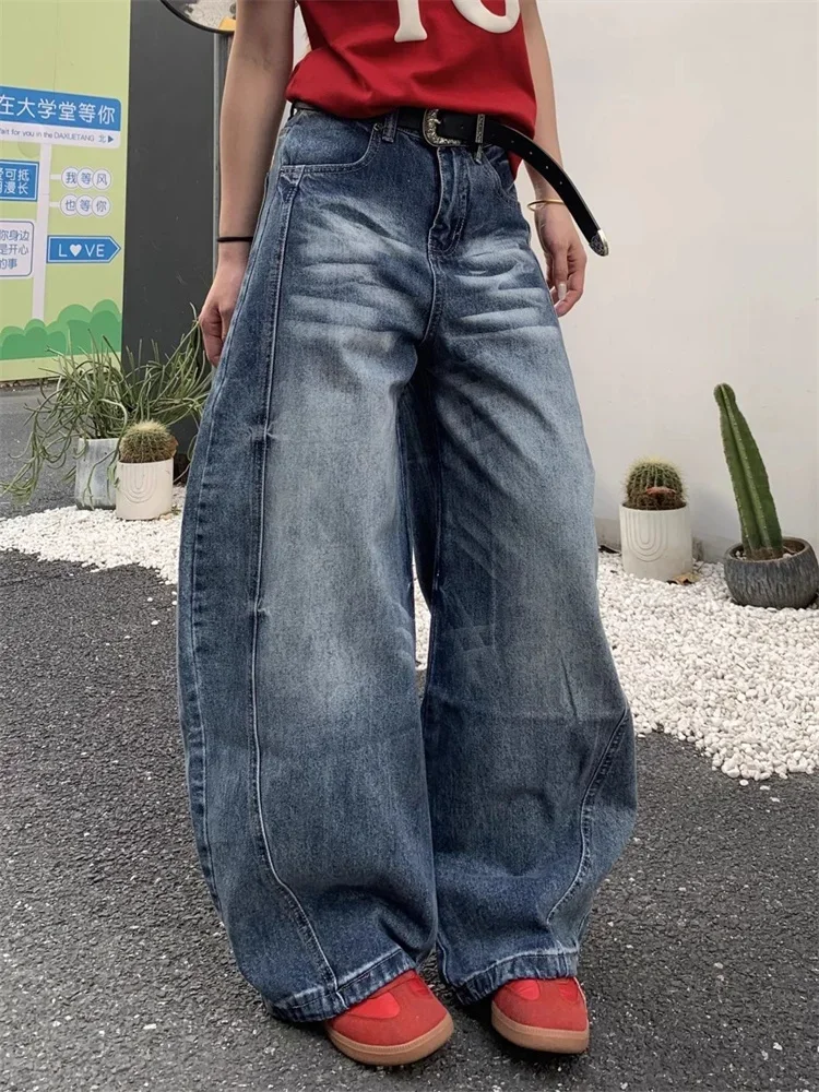 GELITAYIN American Retro High Waist Wash Blue Baggy Denim Jeans Women Casual Fashion Streetwear Wide Leg Loose Cowboy Pants Y2K