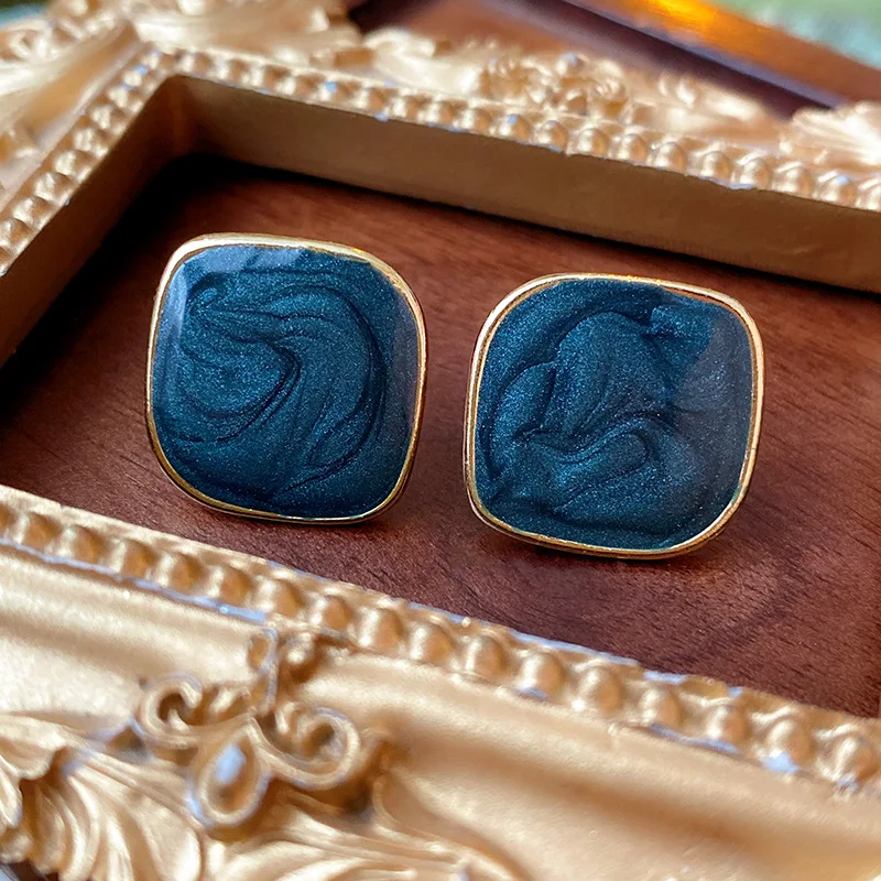 ilver Needle Oil-Dropped Square Stud Earrings - Women Fashion Enamel Geometric Jewelry