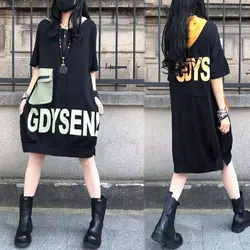 Casual Hooded Loose Midi Dress Zipper Women's Clothing Stylish Contrasting Colors Spliced Summer Letter Printed Straight Dresses