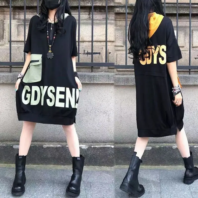 Casual Hooded Loose Midi Dress Zipper Women's Clothing Stylish Contrasting Colors Spliced Summer Letter Printed Straight Dresses