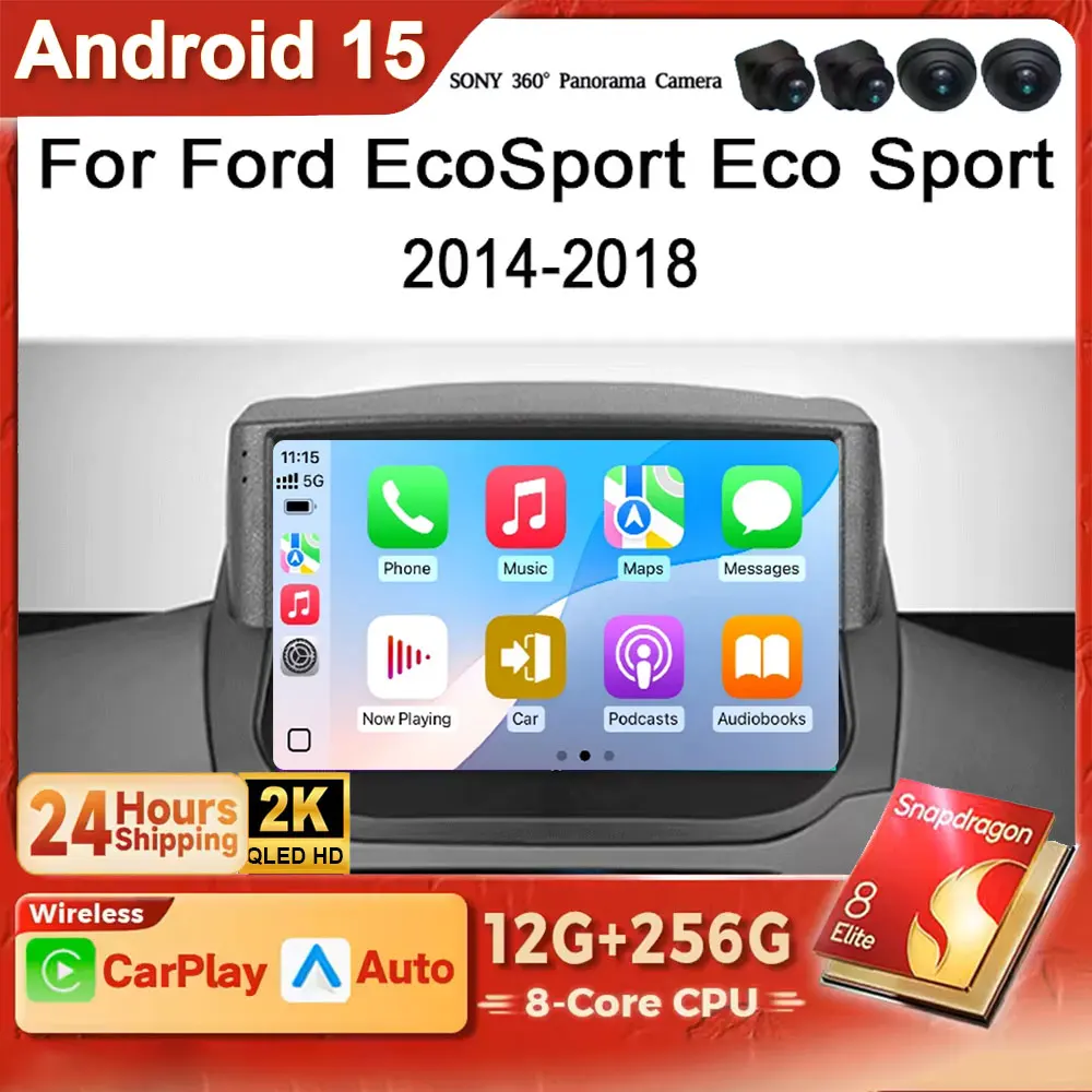 Radio Autoestéreo Android 15 2K QLED para Ford EcoSport 2014-2018 con Carplay, Reproductor Multimedia, Navegación LED