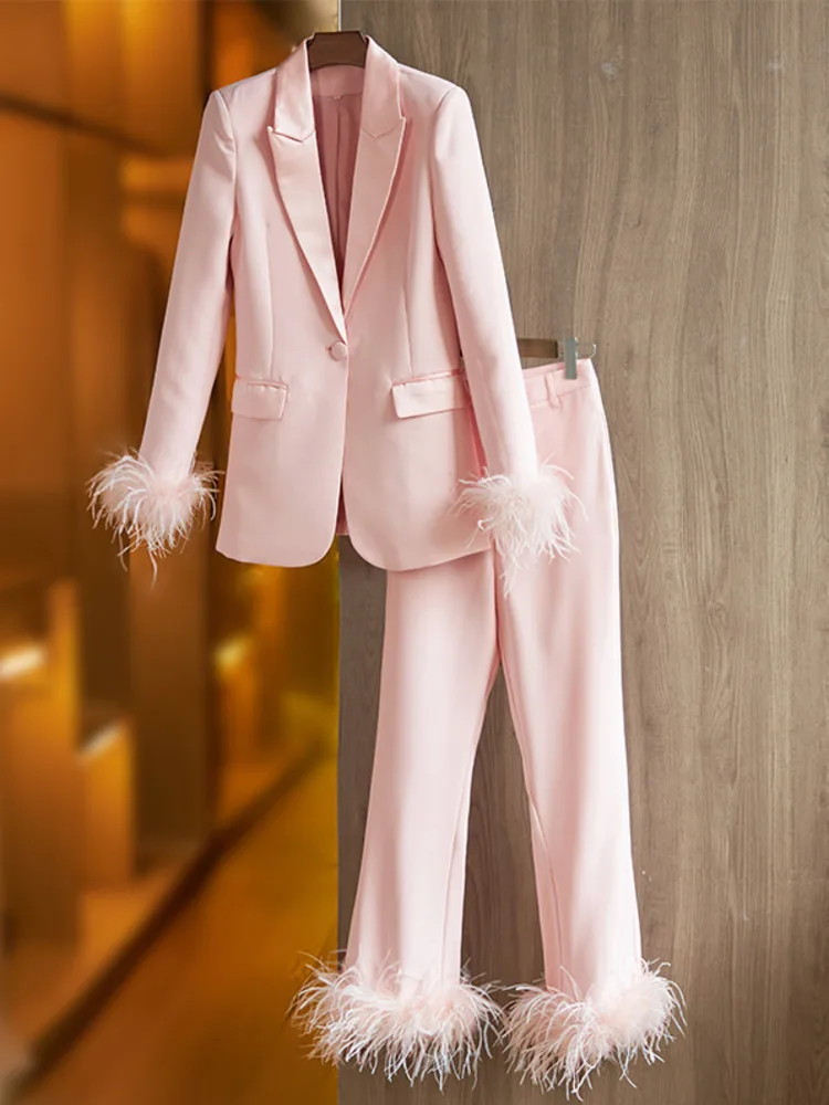 ZMEENNA Solid Color Long Sleeve Patchwork Feather Blazer High Waist Wide Leg Pants 2 Pieces Sets For Women 2025 Spring New ZM538