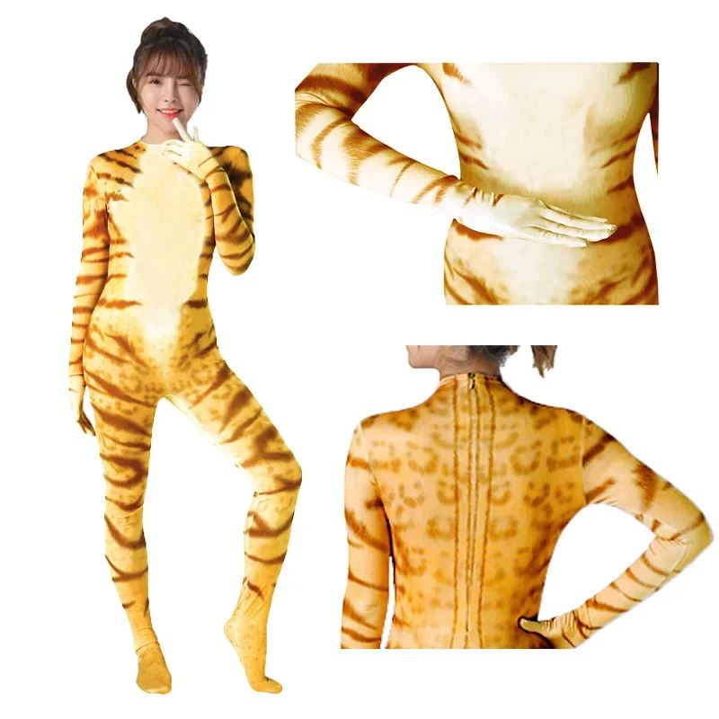 Sexy Aimal Print Bodysuit Women Cat Jumpsuit Catsuit With Gloves Rave Club Slim Bodycon Zentai Suit Halloween Cosplay Costume