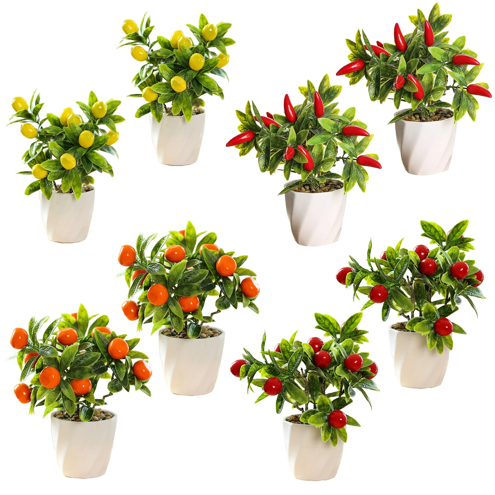 2pcs Small Fruit Bonsai Fake Plant Artificial Red Fruit Pepper Kumquat Lemon Tree Plants In Pots Home Floral Decor Yard Garden