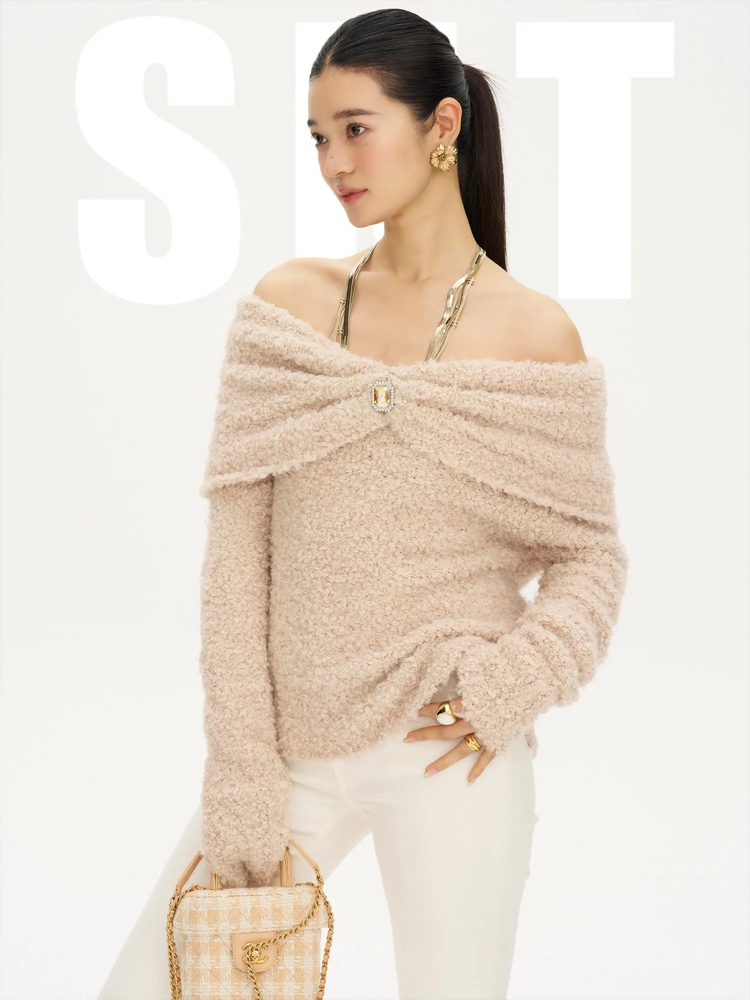 

Soft Comfortable Gem Button Wool Yarn Knitted Sweater Princ Sle Women's Knittedwear Winter Collection Overhead Wear