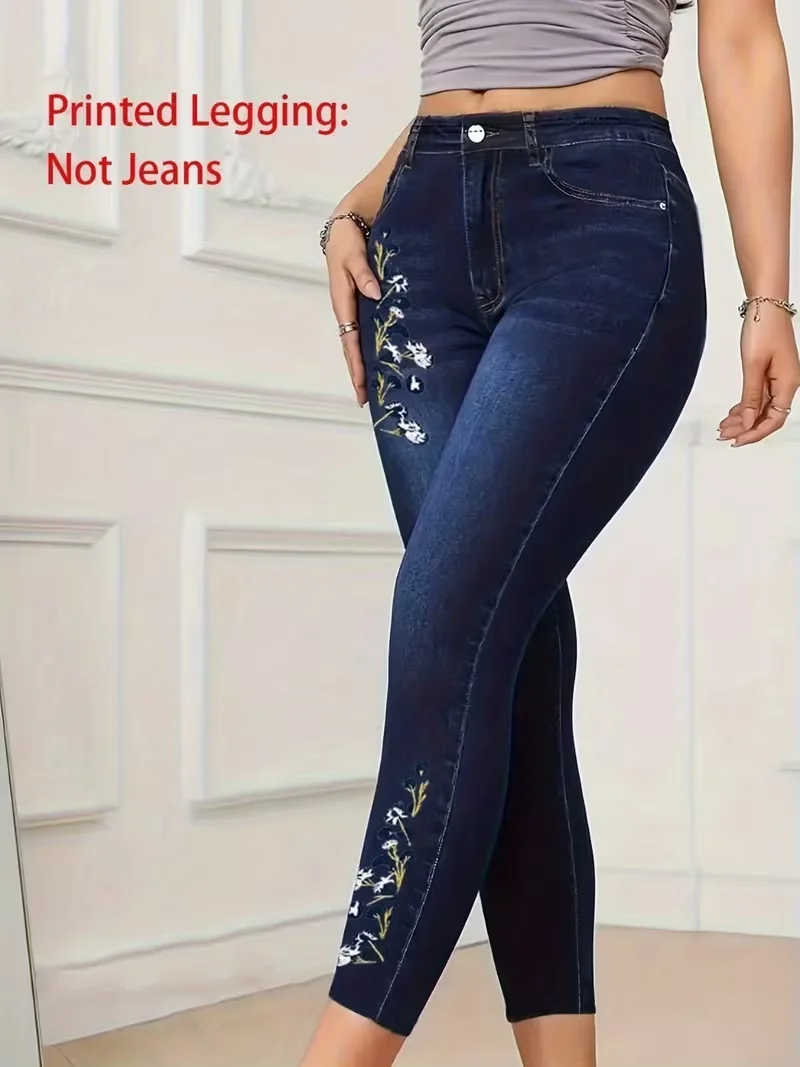 Bedruckte Leggings für Damen, nicht aus Denim-Stoff, mit aufgesetzter Tasche und Knopfdruck-Design, hoch elastisch, modisch, schmal geschnitten, lässig. – Detail 3