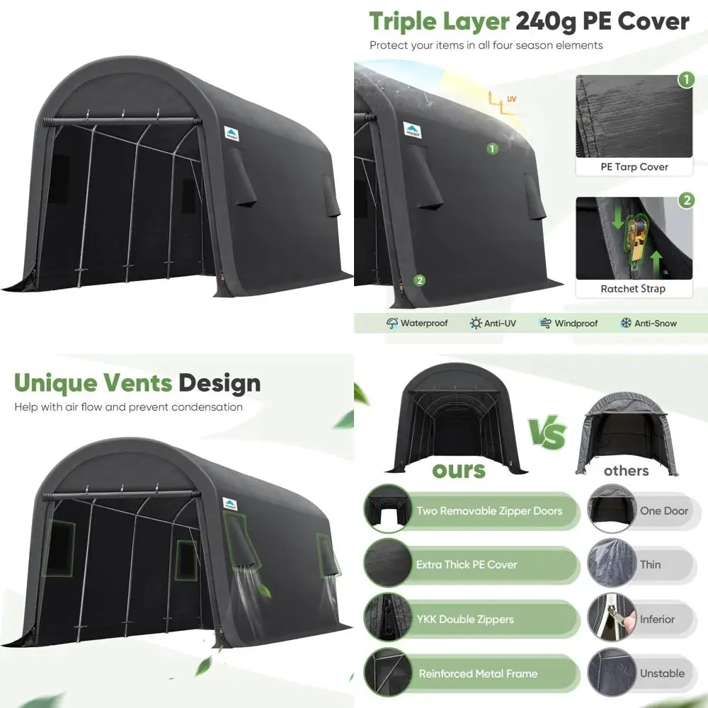 

Large Outdoor Carport for Heavy-Duty Use with 2 Roll-Up Doors and Ventilation for Snow Storage