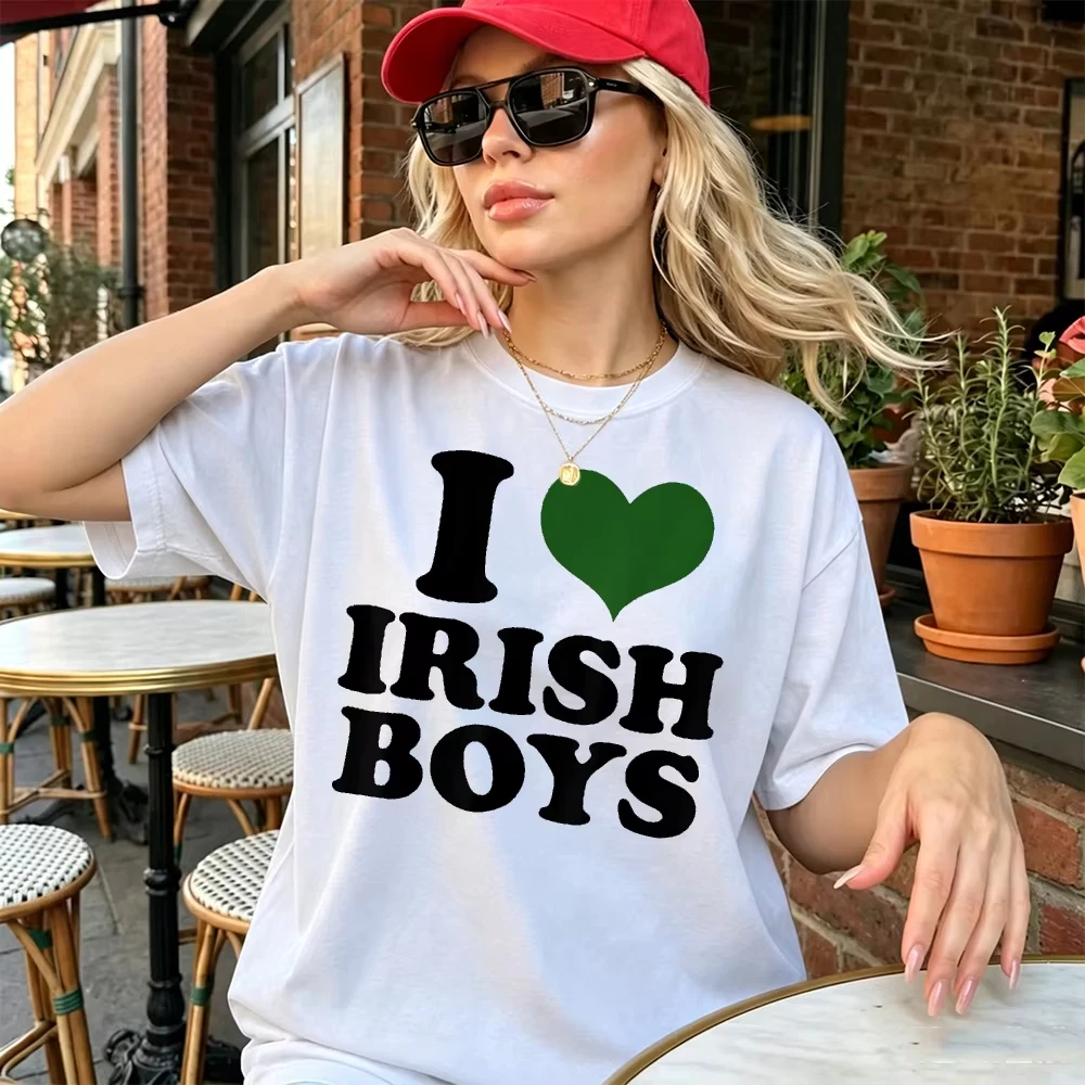 I Love Irish Boys Green Heart Valentines Slogan Print Women Pink Loose T Shirt Romantic Dating Night Outfit Gift For Girlfriend