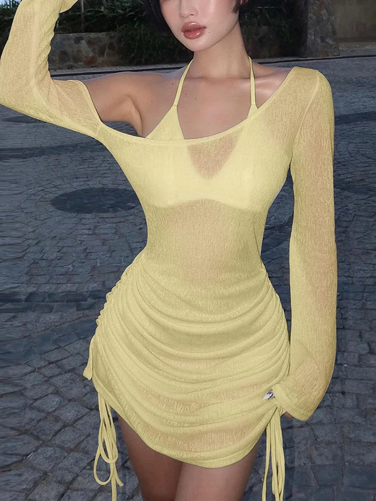 Solid Skew Collar Ruched Straps Lace-Up See Through Asymmetric Slash Neck Mini Dress Summer  Women Party Clubwear Pencil Skirt
