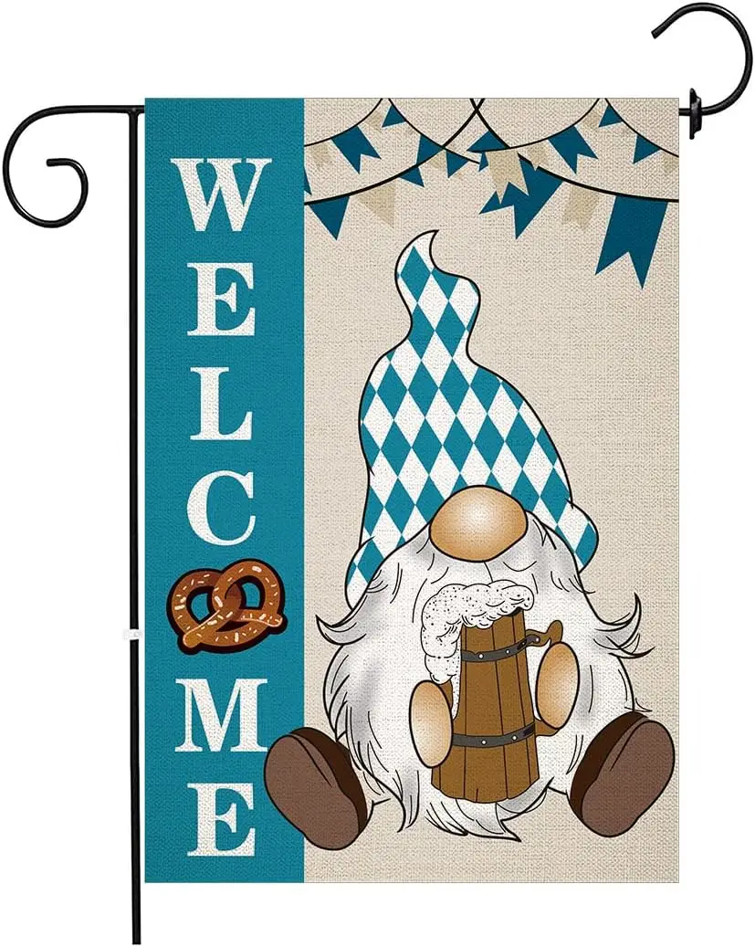 chengxun Welcome Gnome Oktoberfest Bavaria Beer Mug Pretzel Garden Flag Double Sided 12.5 * 18 inch Flag, Celebration Holiday Pa