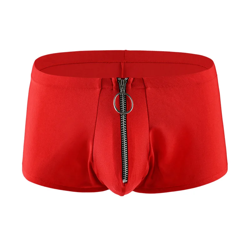 メンズボクサーショーツ下着セクシーポリエステルパンツ男性無地ジップアップローウエストU凸ポーチパンツ男性用下着