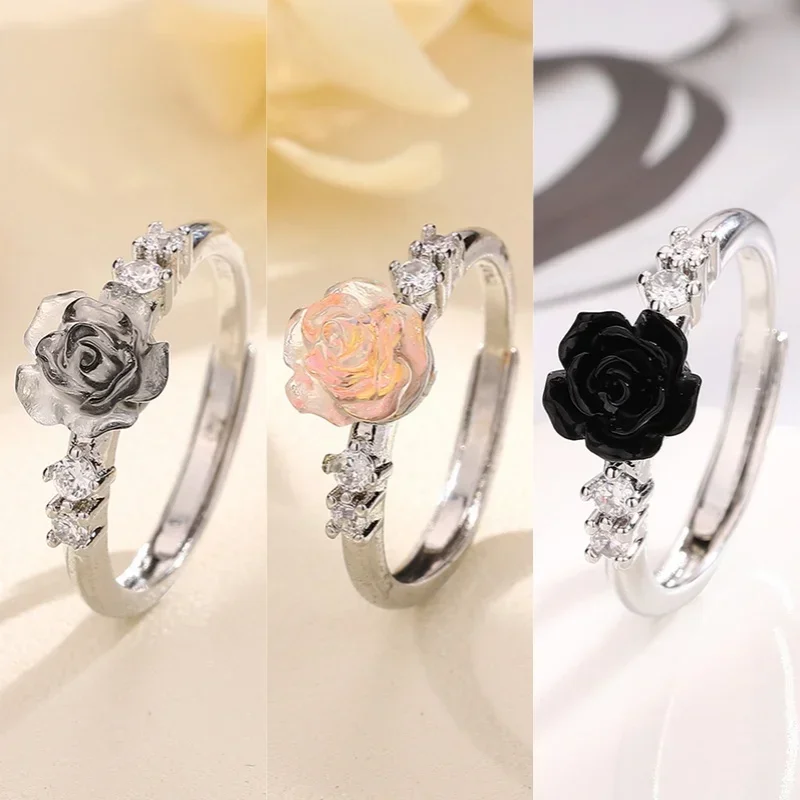 PONYKISS 925 Sterling Silver Zircon Rose Flowers Rings for Women Cute Plant Fine Jewelry Minimalist Adjustable Accessories